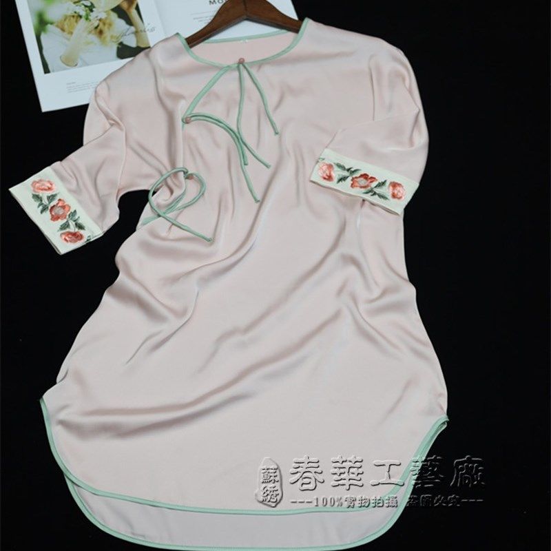 夏季新品b苏州刺绣高端睡衣睡裙女绣花家居服醋酸缎丝绸连衣裙礼