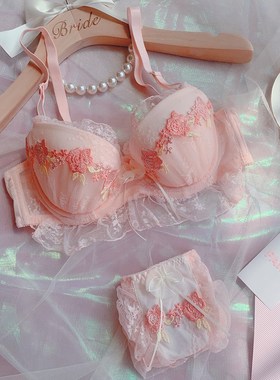 日系水溶花薄杯白色文胸套装甜美可爱F聚拢舒适蕾丝内衣内裤显胸