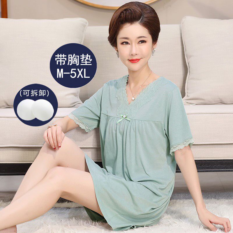带胸垫睡裙女夏季纯棉大码200斤睡衣连J衣裙中老年妈妈家居服裙子