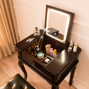 美式纯实木梳妆台63/81/100折叠带灯网红妆台黑胡桃多功能电脑桌