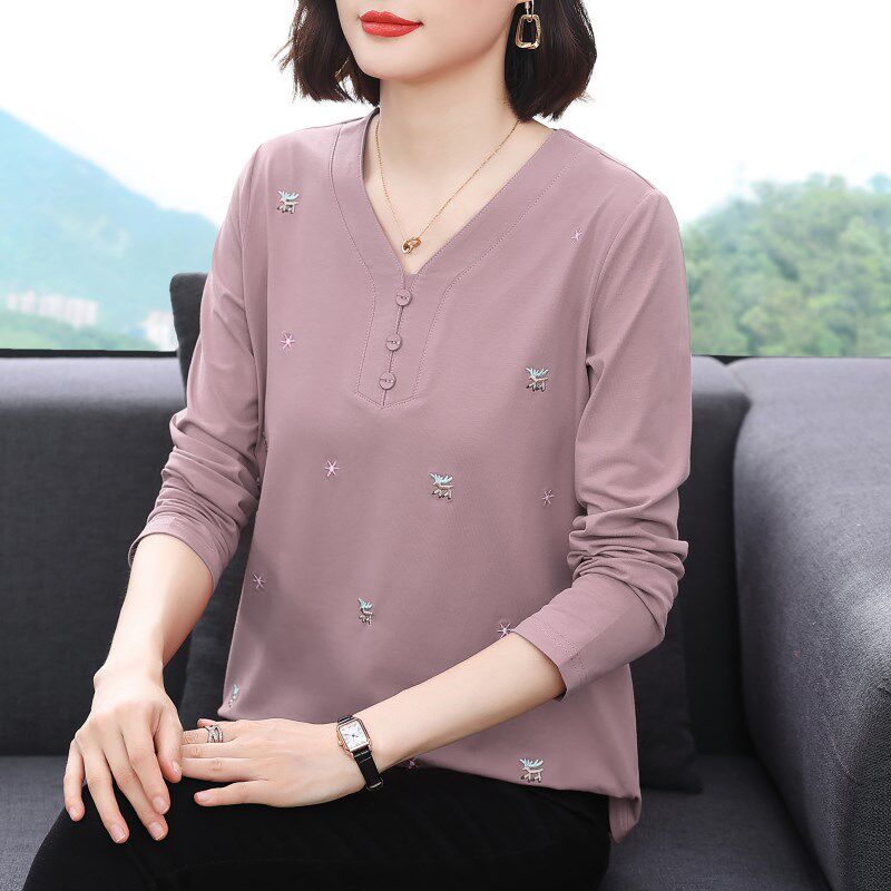 妈妈装纯棉长袖t恤女 2024春秋新款中老年外穿大码上衣薄款打底衫