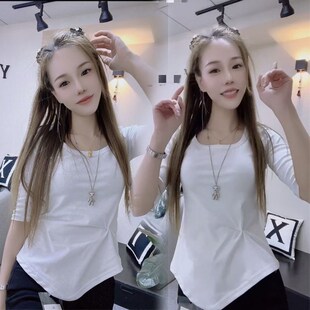 韩版 早春新款 女新款 打底衫 洋气遮肉不规则方领锁骨T恤 外穿五分袖