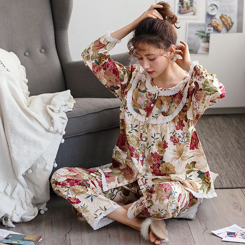 春秋薄款夏季纯棉长袖睡衣女1w00%梭织全棉斜纹布料大码家居服套
