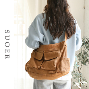 日系帆布包女大学生上课单肩斜挎包大容量邮差包2023新款 休闲布袋