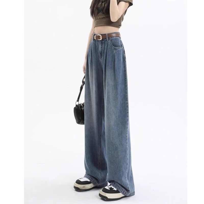 大码高腰阔腿牛仔裤女直筒宽松春季胖mm梨型身材显瘦垂感拖地裤子