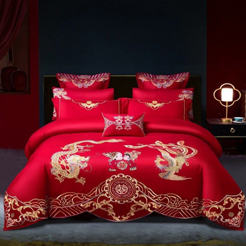 厂家亲肤婚庆四件套大红精致刺绣多件套结婚喜庆礼品床上用品