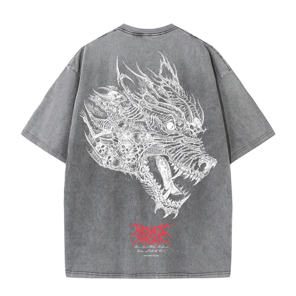 DARCSPORT狼头水洗短袖新款男女美式运动健身休闲宽松印花棉质T恤