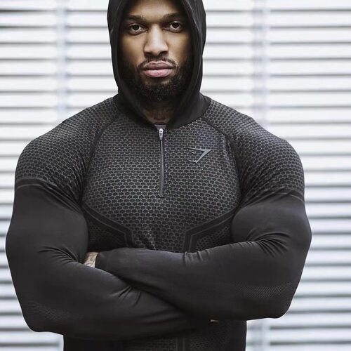 GYMSHARK onyx3.0超级英雄速干紧身连帽1/4拉链健身运动打底衫T恤