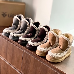 褶皱中筒雪地靴秋冬新款 饰毛线靴 羊皮毛一体保暖厚软底手工钩编装