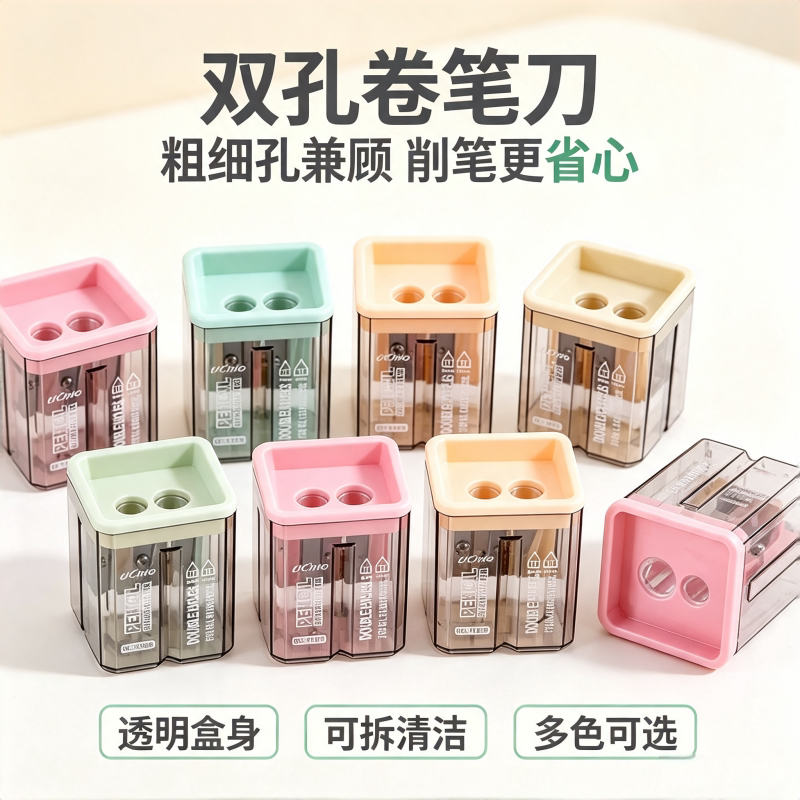 双孔莫兰迪色透明手动卷笔刀图片