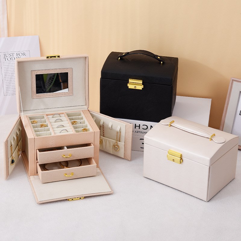Cross border PqU jewelry boxPU皮革戒指项链饰品带镜片收纳盒