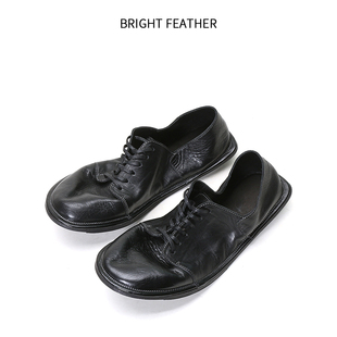 BRIGHT FEATHER赤羽马皮懒人鞋绑带休闲皮鞋男夏季软皮手工鞋透气