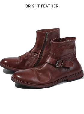 英伦风马皮切尔西靴男款拉链真皮短靴复古手工皮鞋男鞋马丁靴软皮