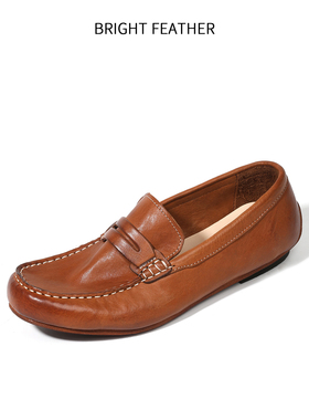 水洗马皮男鞋意大利手工休闲皮鞋一脚蹬豆豆鞋公务复古商务乐福鞋