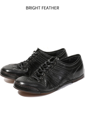 日系马皮德训鞋男运动风休闲皮鞋男士圆头真皮板鞋复古阿甘鞋平底