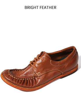 水洗马皮男鞋褶皱英伦休闲皮鞋男士复古固特异手工鞋夏季透气棕色