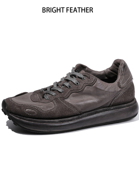 手工德训鞋男士灰色真皮运动风休闲皮鞋厚底商务马皮男鞋水洗做旧