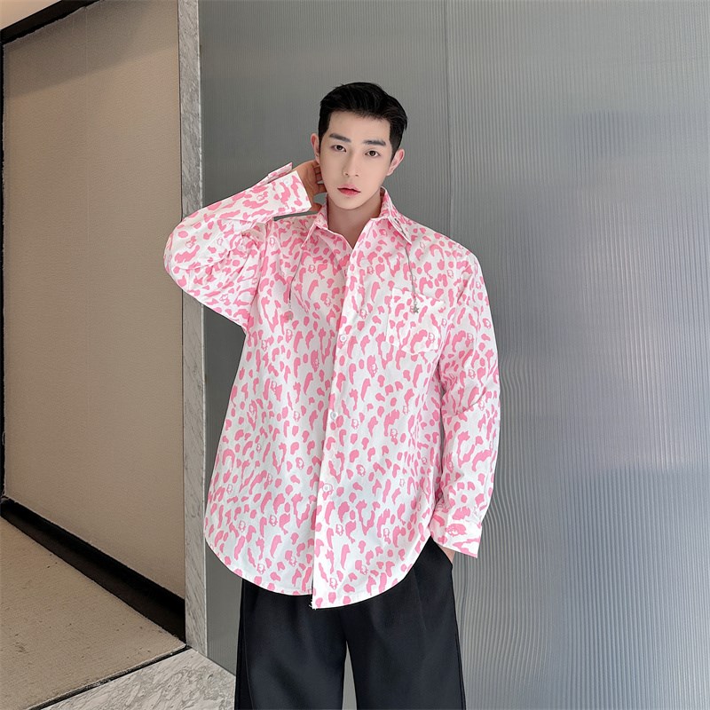 春夏时尚洋气小众碎花衬衫男长袖韩版设计感垂Q坠网红休闲气质衬