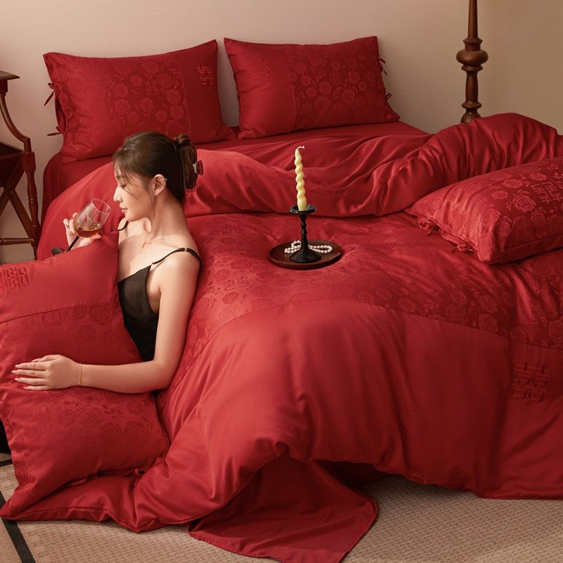 提花结婚四件套红色系被套床单新婚陪嫁喜被W婚庆床上用品,床上用品,婚庆床品套件,淘宝优惠券,粉丝福利购,淘宝优惠卷