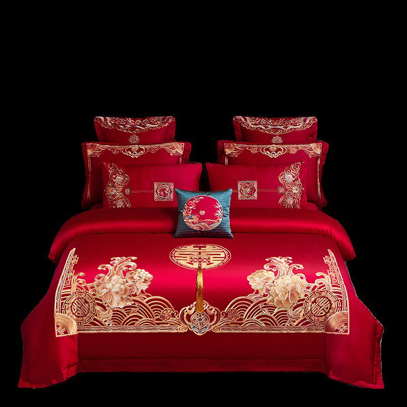 全棉婚庆四件套大红色刺绣新婚床E单结婚喜被婚房陪嫁床上用品,床上用品,婚庆床品套件,淘宝优惠券,粉丝福利购,淘宝优惠卷