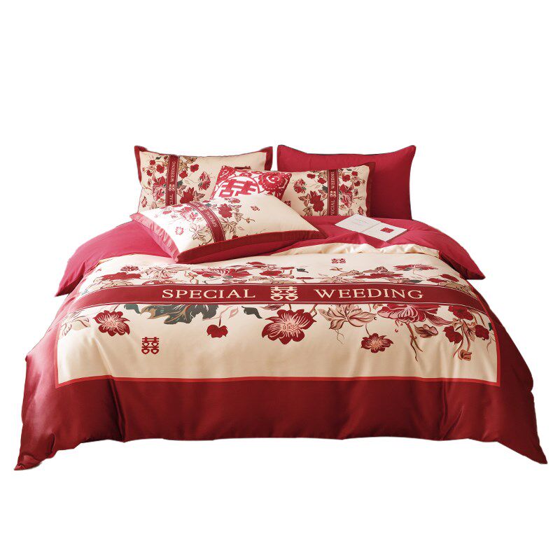 A类婚庆四c件套大红喜被全棉中式印花结婚房嫁礼床单床上用品4,床上用品,婚庆床品套件,淘宝优惠券,粉丝福利购,淘宝优惠卷