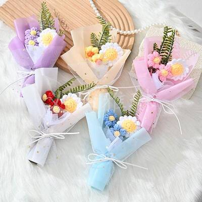伴手礼仿真花针织毛线花泡芙花束小雏菊手工花束工厂跨境创意礼品