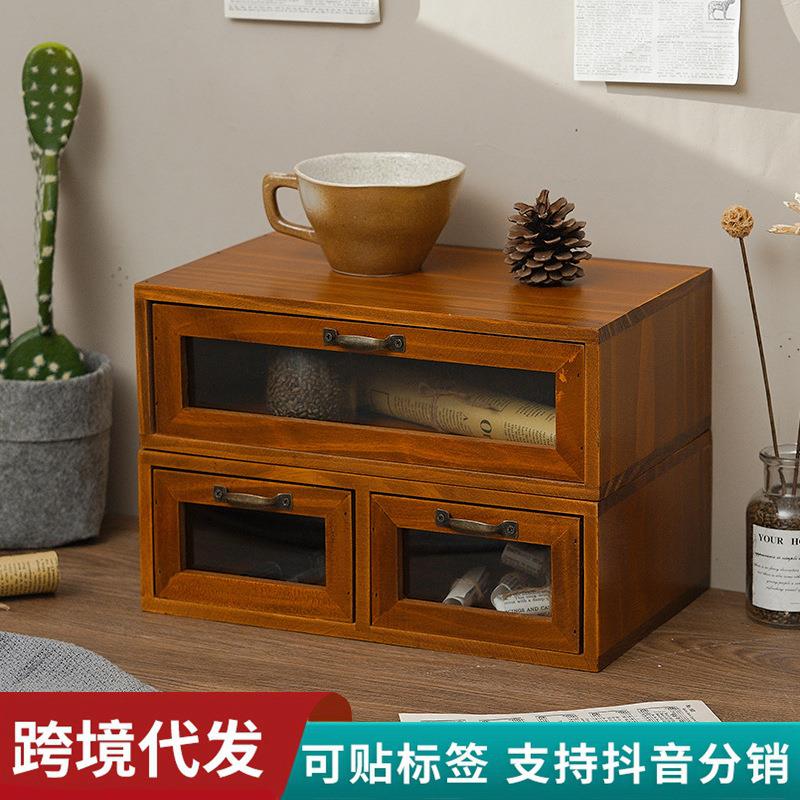 中式实木抽屉式复古电脑增高架桌面收纳盒化妆品办公室桌上置物架