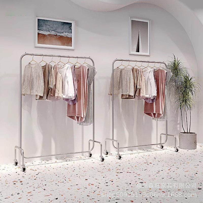 不锈钢拉丝银色挂衣架可移动带轮子童装店女装店货架服装店展示架