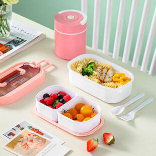 塑料饭盒学生可微波炉加热便当盒日式分格大容量带餐具保温袋汤杯