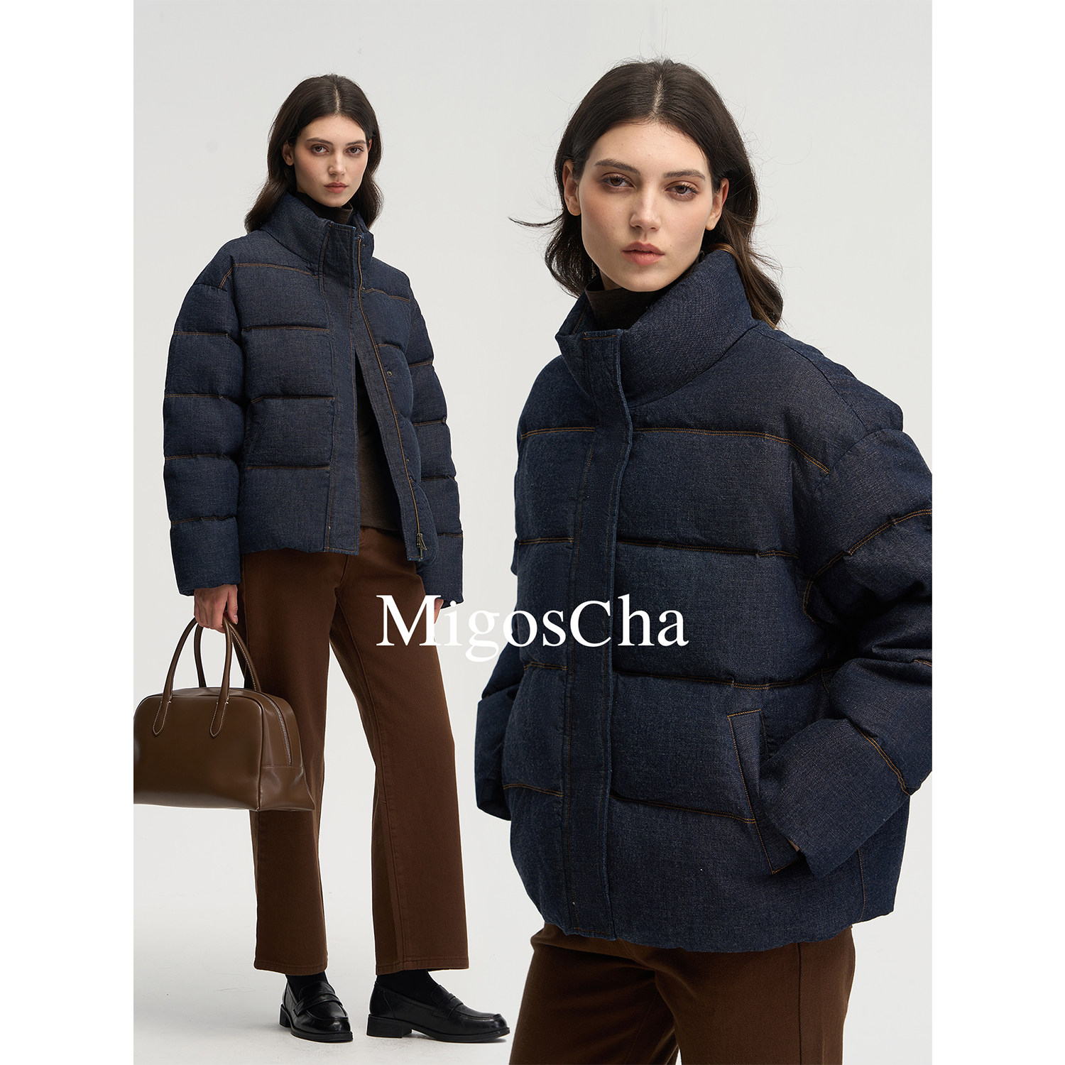 migoscha 男女同款经典休闲全棉牛仔羽绒服立领白鹅绒短外套新款