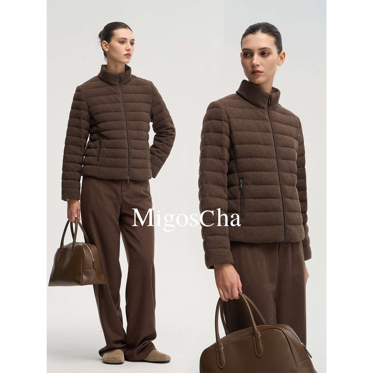 migoscha 可机洗山羊绒白鹅绒羽绒服夹克立领短外套新款