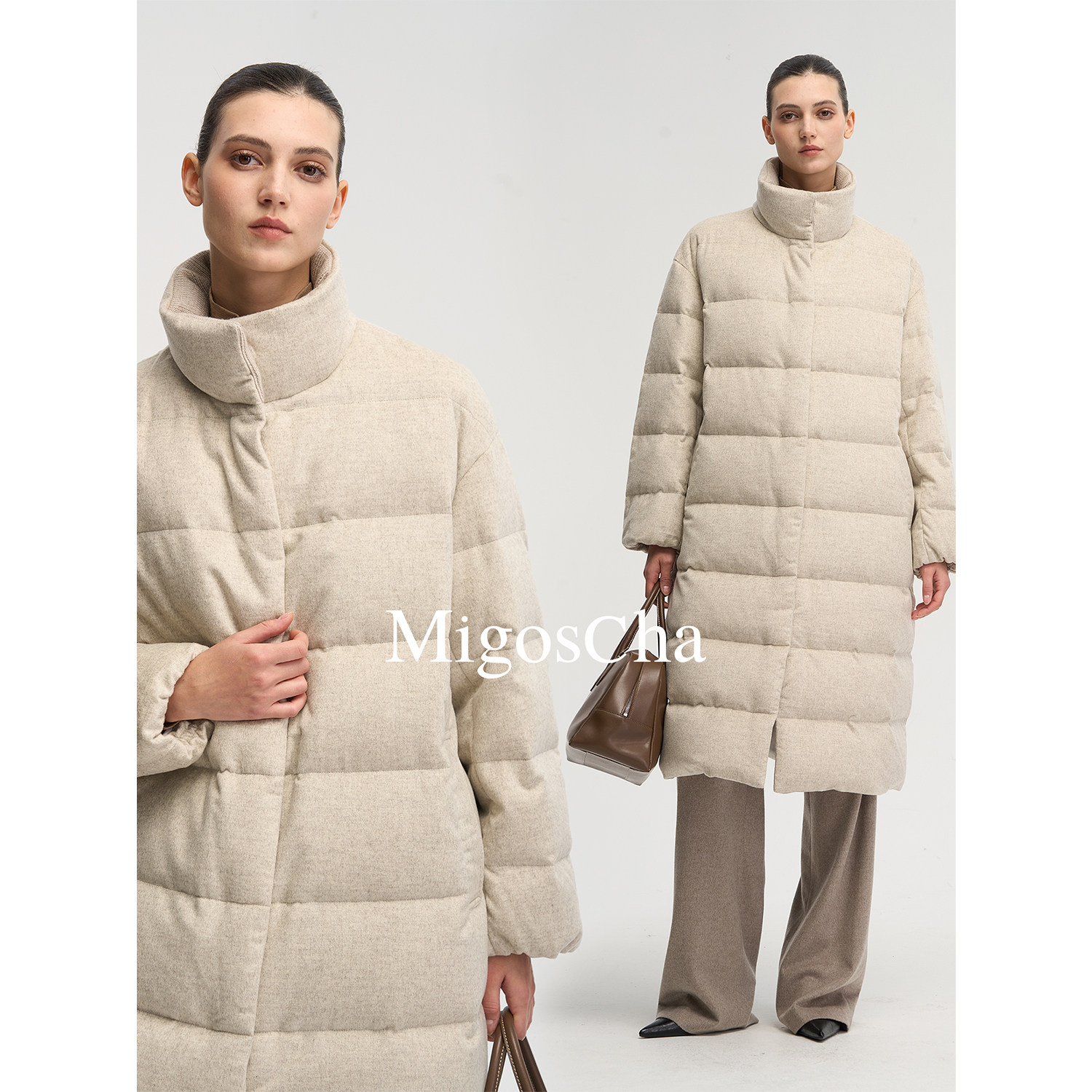 migoscha 立领长款鹅绒服原生100%绵羊毛保暖羽绒外套冬季新款