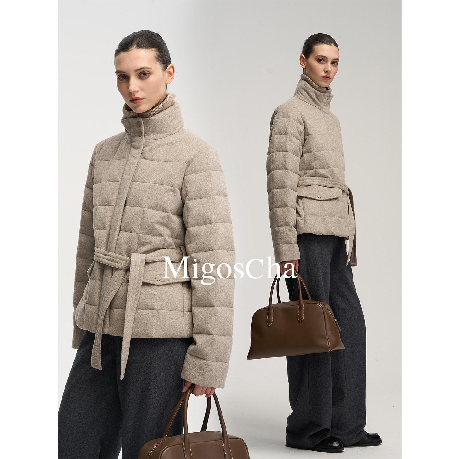 migoscha 原色绵羊毛95鹅绒服腰带收腰羽绒服女款立领夹克外套