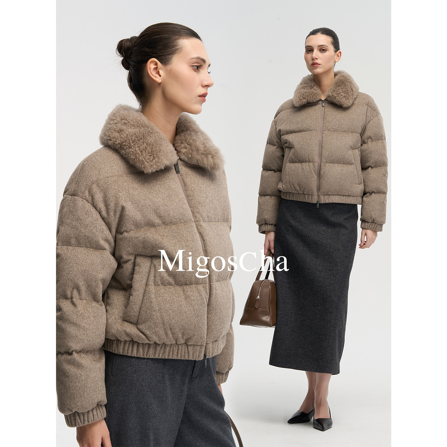 migoscha 可拆卸山羊绒毛领原色绵羊毛95鹅绒服短款面包羽绒服