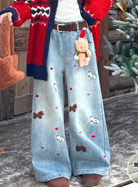 女童牛仔裤加绒加厚冬装2025新款儿童宽松直筒裤大童女孩卡通裤子