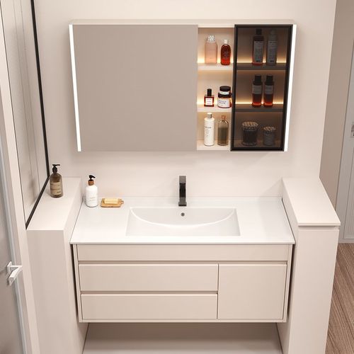 奶油风轻奢浴室柜定制73/83/93cm103厘米113公分陶瓷一体盆洗手池