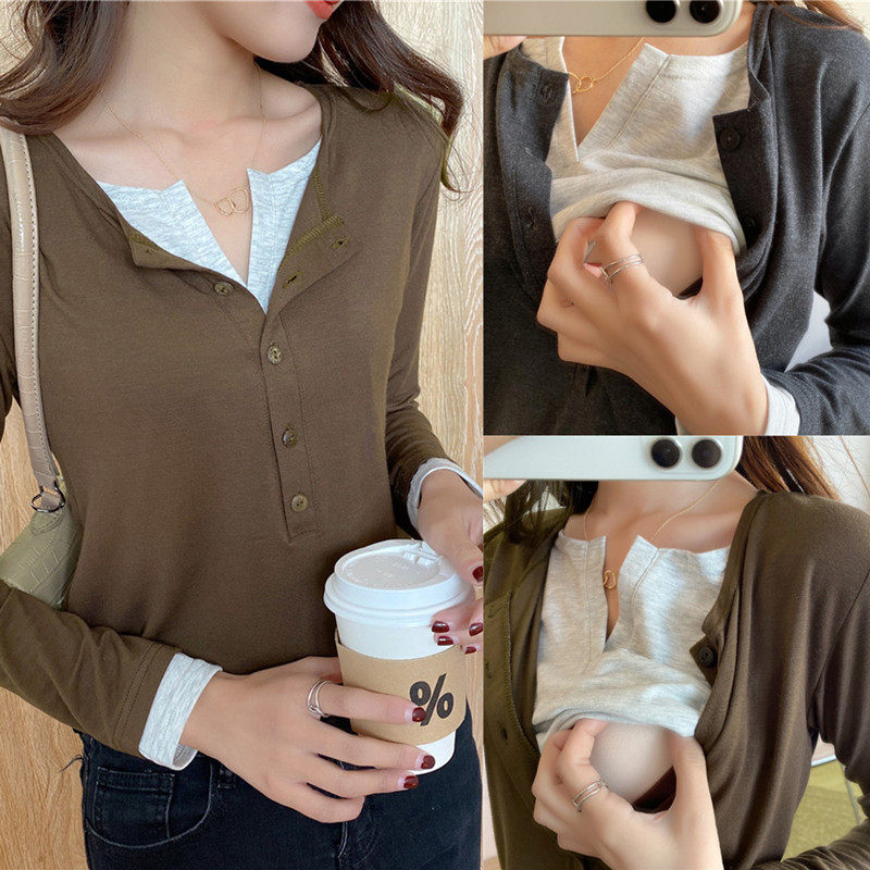 产后哺乳上衣外出长袖T恤秋装时尚辣妈款喂奶衣假两件哺乳打底衫,孕妇装/孕产妇用品/营养,家居服上装,淘宝优惠券,粉丝福利购,淘宝优惠卷