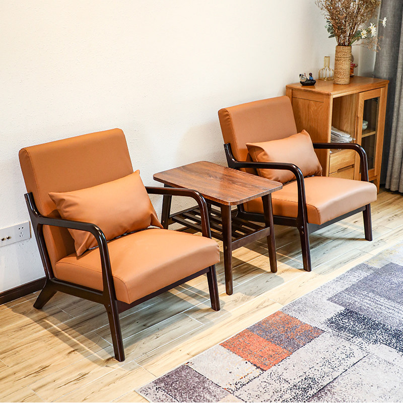 日式复古实木皮艺单人沙发小尺寸客厅卧室阳台一桌两椅网红咖啡椅