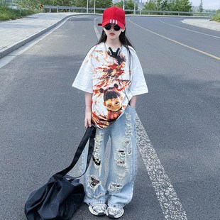 女童宽松慵懒风短袖T恤夏季2025新款韩版时髦潮酷炸街破洞牛仔裤