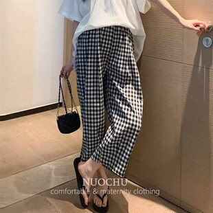 薄款格子孕妇裤子夏季外穿小个子阔腿裤不勒肚子无托腹休闲裤夏装
