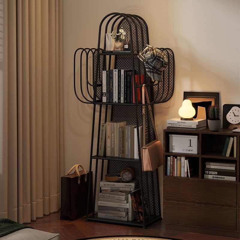 复古简约书架家用落地多层置物架多功能铁艺书架设计感卧室收纳架