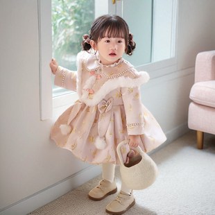 女童公主裙冬装加绒加厚粉色新年战袍衣服洋气周岁礼服女宝连衣裙