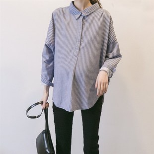 孕妇春装纯棉韩版长袖春夏外穿上衣衬衣条纹孕期潮妈职业气质衬衫