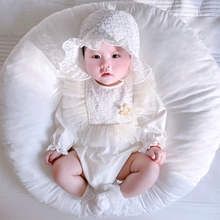 婴儿春秋装韩版蕾丝满月一周岁抓周礼服女宝宝连体哈衣服套装公主
