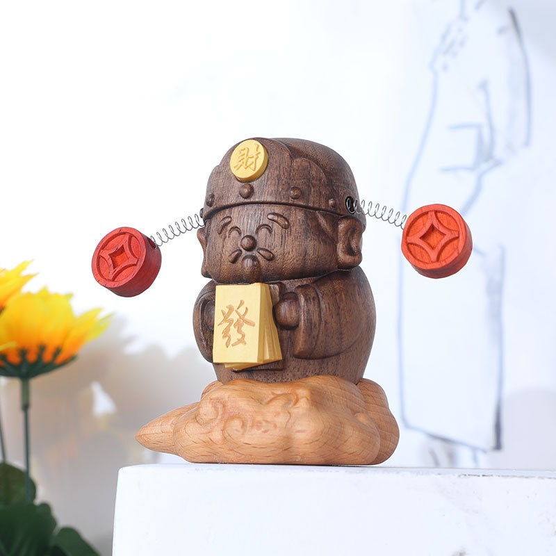 财神爷实木质桌摆创意桌面装饰生日礼物可爱书桌玩偶车载动态摆件