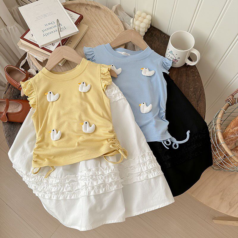 女童甜美裙套装小清新多巴胺夏季短袖无袖T恤半身长裙沙滩海边宝