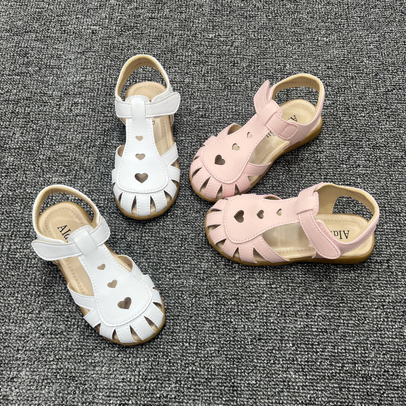 女童凉鞋23夏款软底小爱心女孩包头真皮凉鞋防滑韩版可爱公主凉鞋