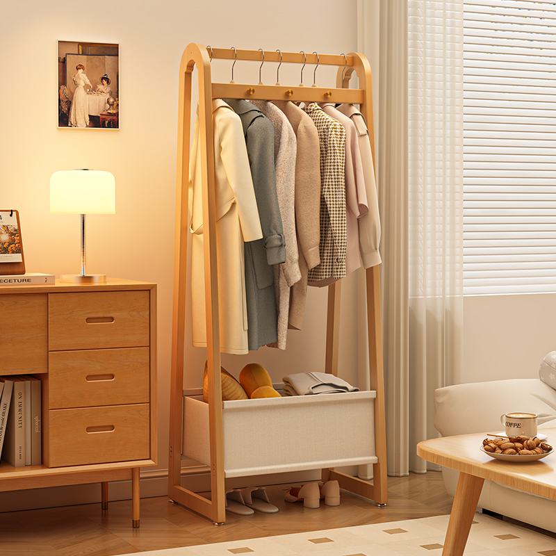 卧室落地式衣帽架挂衣架子v房间晾衣架实木晚上放衣服收纳室内家