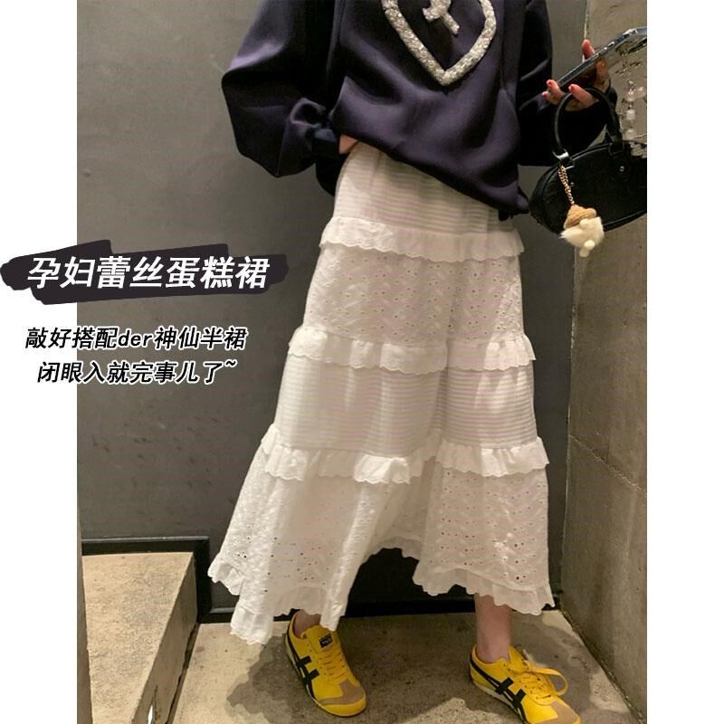 孕妇半身裙2025夏季新款白色镂空蕾丝花边中长款托腹蛋糕裙子春秋