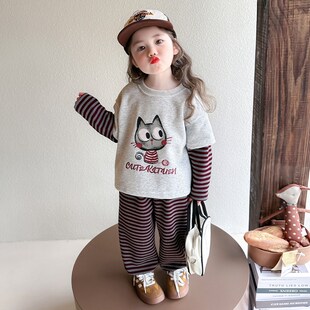 女童套装2025新款春秋季女宝宝潮流百搭中小童上衣裤子假两件红条